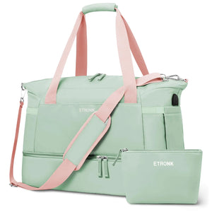 ETRONIK Gym Bag for Women, Travel Duffel Bag with USB Charging Port, Weekender Overnight Bag with Wet Pocket & Shoes Compartment for Women, Travel, Gym, Yoga (Green Pink) Medium Pink Green Rieworkes