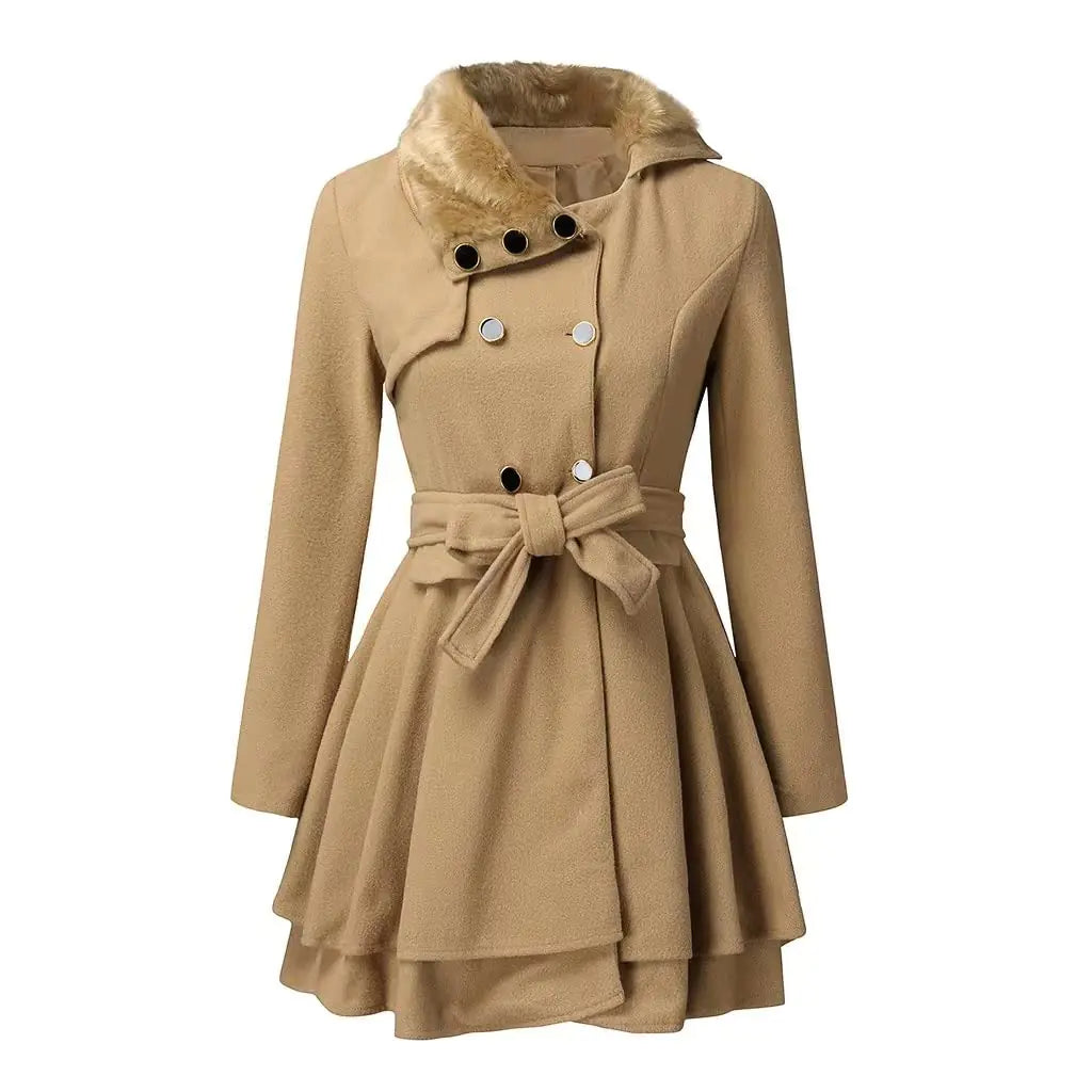 PLAZRU Double Breasted Faux Fur Collar Jacket Lapel Pea Coats for Women Winter Long Trench Coat with Belt Elegant Swing Coat Mimarta