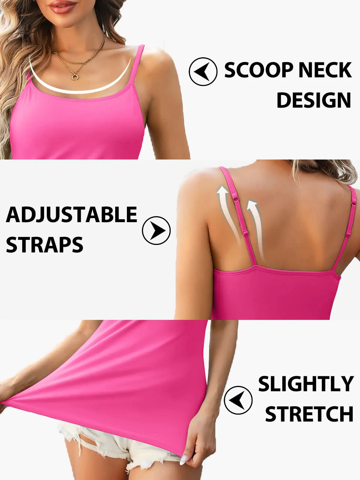 V FOR CITY Cotton Shelf Bra Camisoles Top for Women Adjustable Spaghetti Strap Tank Tops Basic Layer Camis 2 Pack Medium Black/Hot Pink Rieworkes