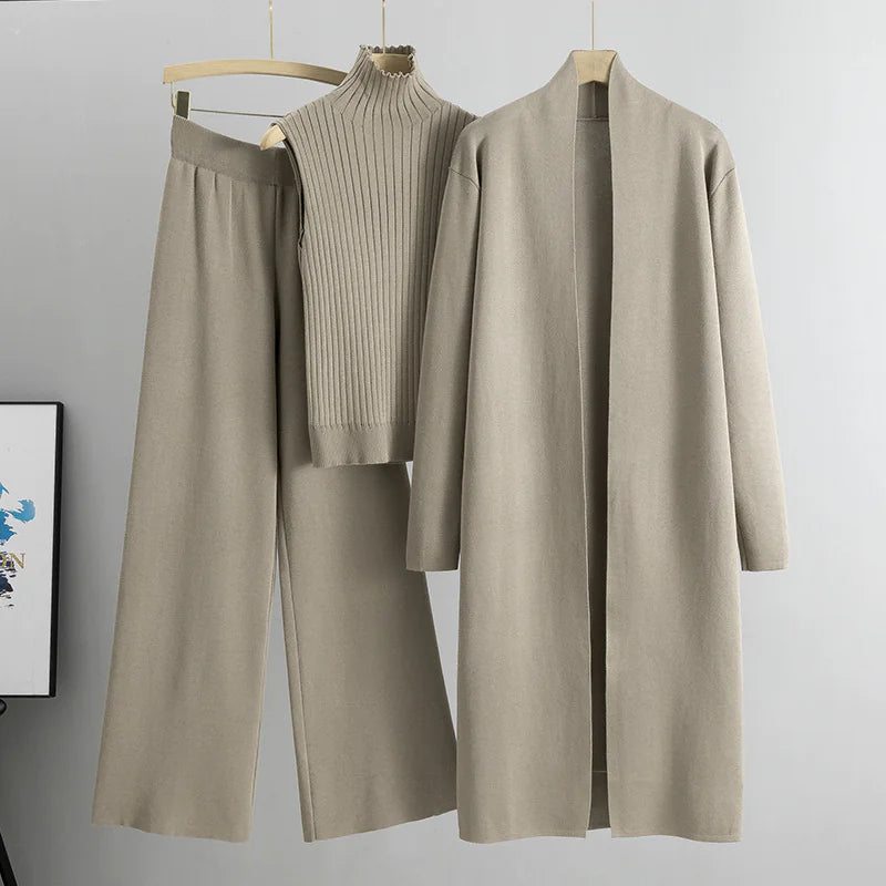 Women's 3-Piece Knit Set: Sleeveless Vest, Long Cardigan, and Wide-Leg Pants Rieworkes