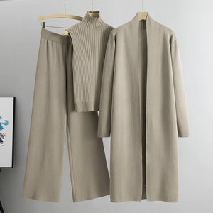 Women's 3-Piece Knit Set: Sleeveless Vest, Long Cardigan, and Wide-Leg Pants Rieworkes