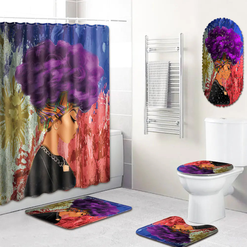 African Woman Bathroom Set with Shower Curtain and Mats Mimarta