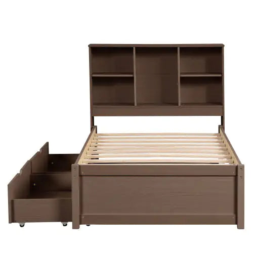 Modern Twin Size Bed Frame With Built-in USB Port On Bookcase Headboard And 2 Drawers For Walnut Color Rieworkes