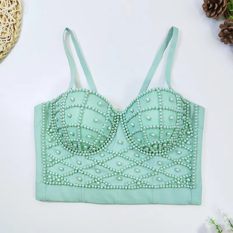Women's Fashionable Elegant Pearl Spaghetti-strap Camisole Top With Chest Pad Rieworkes