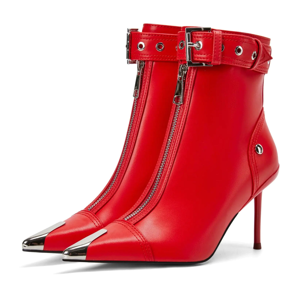 CAGLGLZ Womens Fashion Metal Pointe Toe Heel Boots Sexy Zip Ankle Stilettos Booties With Strap Buckle Party Dress High Heels For Women (red 12) Mimarta