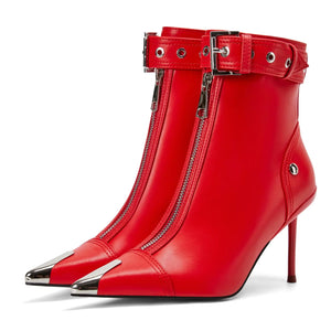 CAGLGLZ Womens Fashion Metal Pointe Toe Heel Boots Sexy Zip Ankle Stilettos Booties With Strap Buckle Party Dress High Heels For Women (red 12) Mimarta