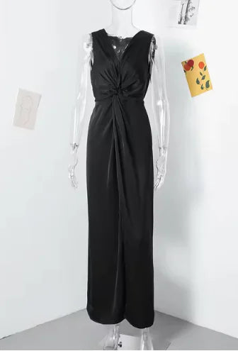 Knotted Evening Long Dress Women V-neck Sleeveless High Waist Split Solid Party Bodycon Dresses Rieworkes