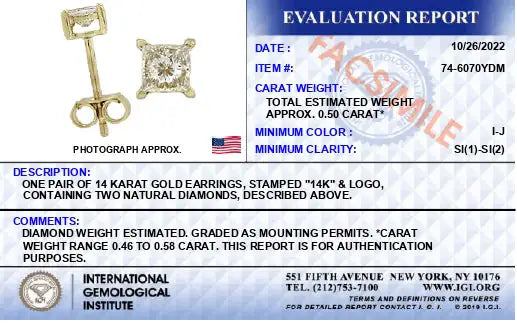 IGI Certified 1/2 Cttw Princess-Cut Square Diamond 4-Prong Solitaire Stud Earrings in 14K Yellow Gold (I-J Color, SI1-SI2 Clarity) Rieworkes