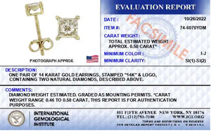 IGI Certified 1/2 Cttw Princess-Cut Square Diamond 4-Prong Solitaire Stud Earrings in 14K Yellow Gold (I-J Color, SI1-SI2 Clarity) Rieworkes