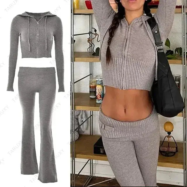 Knitted Hoodie Cropped Top And Pants Set Rieworkes