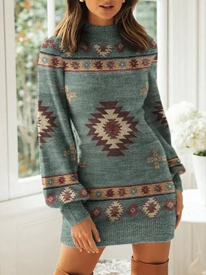 Bohemian Print Mini Dress for Women - Long Sleeve, Skinny Fit, Casual, for Autumn and Winter Rieworkes
