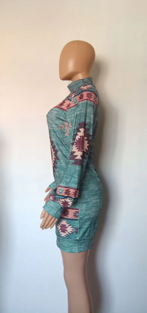 Bohemian Print Mini Dress for Women - Long Sleeve, Skinny Fit, Casual, for Autumn and Winter Rieworkes