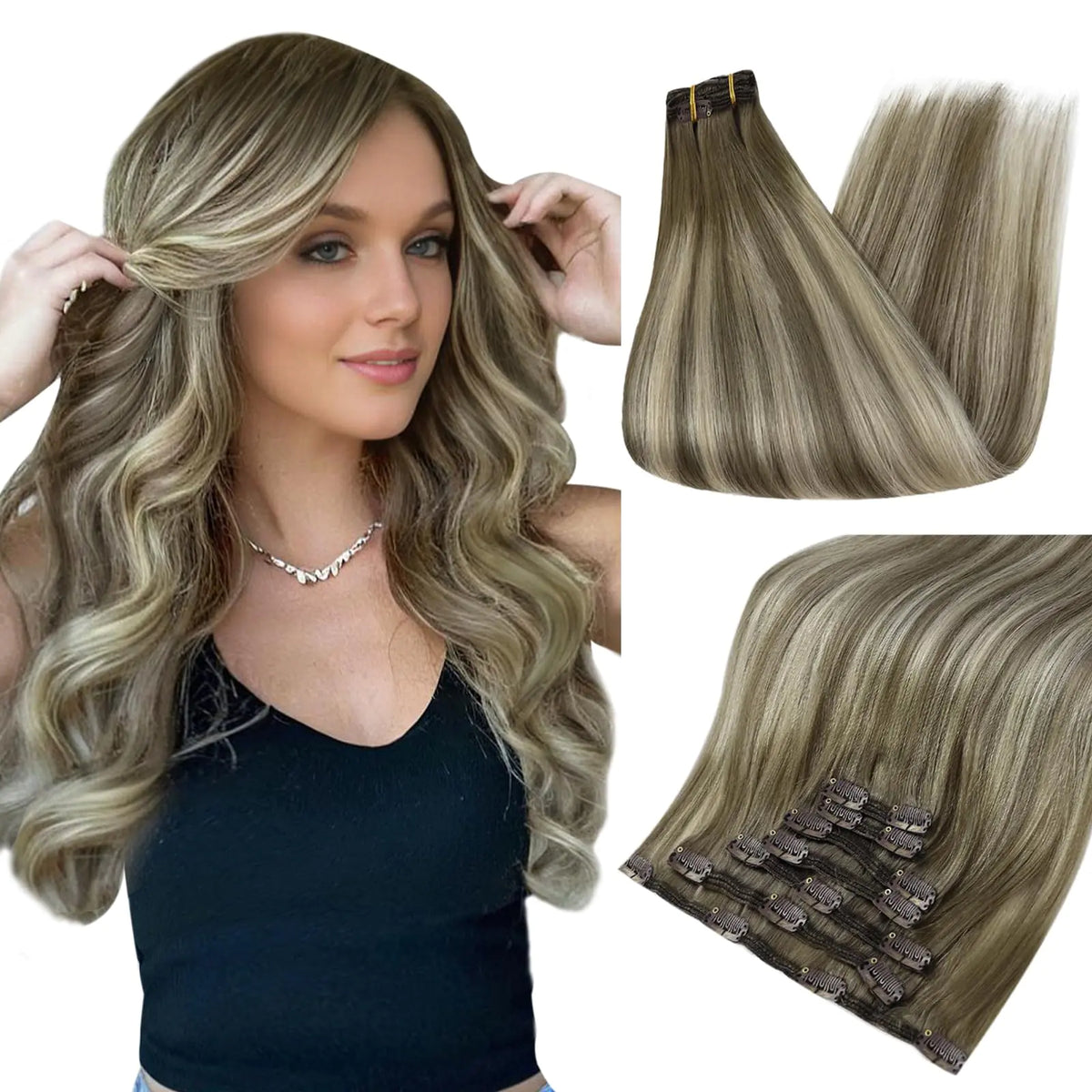 Full Shine Clip in Human Hair Extensions 20 Inch Seamless Clip in Hair Extensions Straight Remy Hair Cool Taupe Ombre Highlight Blonde Damage Free Hair Extensions Clip ins 20 Inch(Pack of 1) #7/800/7 Cool Taupe Mix Blonde Rieworkes