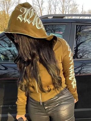 Women Winter Letter Printed Zip Up Hoodie Rieworkes