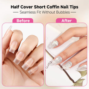 UNA GELLA Short Coffin Fake Nails 504Pcs Half Cover Matte Nail Tips Extra Short Coffin Gel X Nail Tips No C Curve Pre-buff No Need File Salon Quality Nail Extension DIY Nail Art Salon 12 Sizes C3-Half Short Coffin Rieworkes