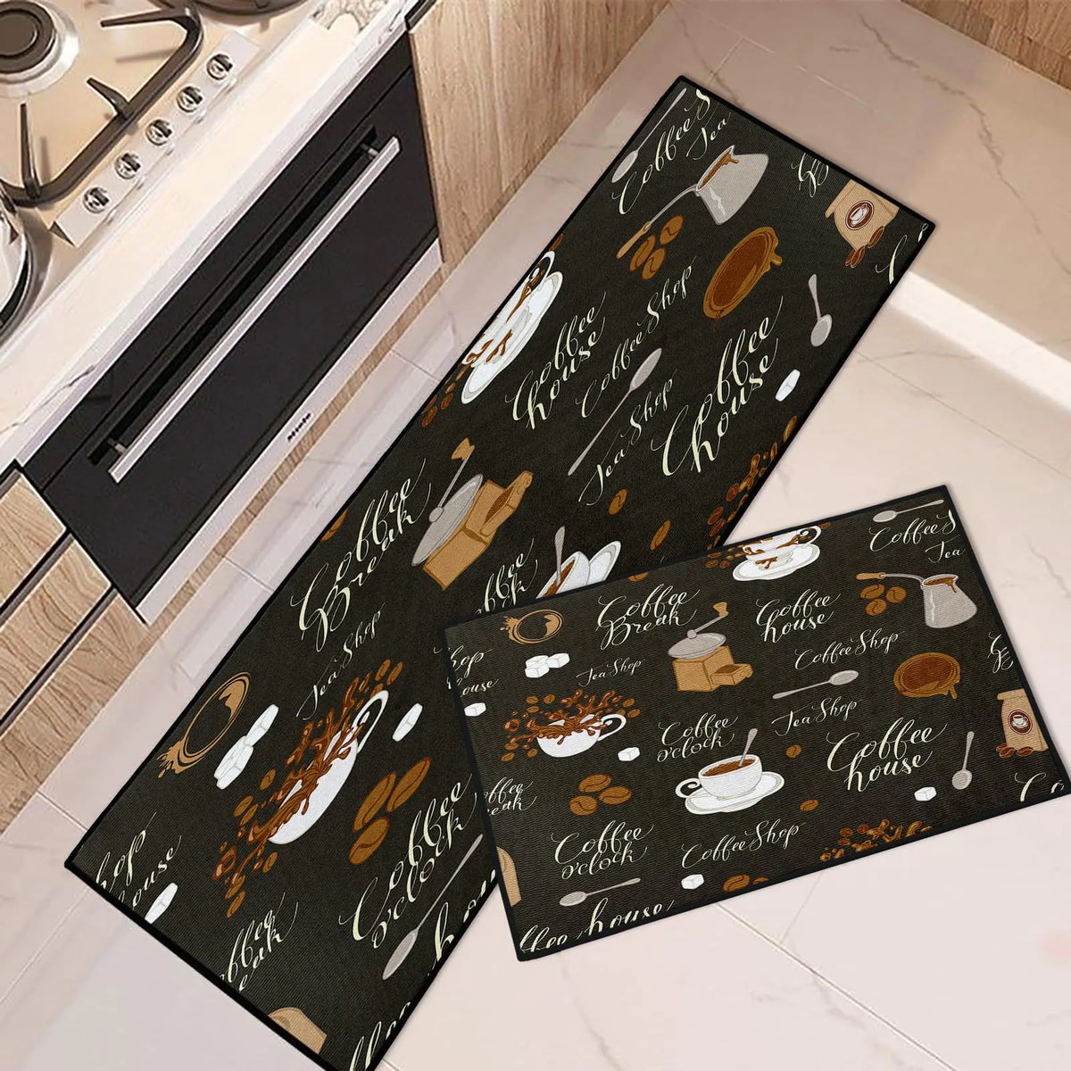 Tayney Coffee Kitchen Rugs and Mats Non Skid Washable Set of 2 Tea Shop Kitchen Mats for Floor Coffee House Chocolate Cafe Kitchen Runner Rug Retro Kitchen Decor Mimarta