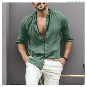 Solid Color Long Sleeve Button Stand Collar Men's Shirt Rieworkes