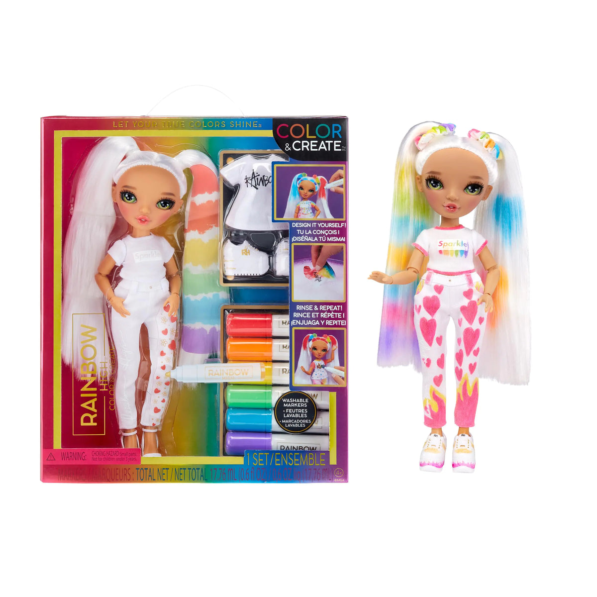 Rainbow High Color & Create Fashion DIY Doll with Washable Rainbow Markers Green Eyes Straight Hair in 2 Pig Tails Bonus Top & Shoes. Color Create Play Rinse and Repeat. Creative 4-12+ Mimarta