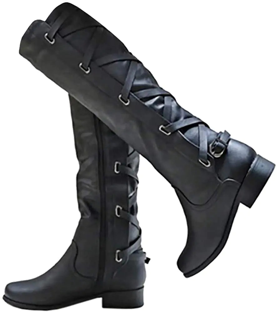Womens Lace Up Knee High Boots Motorcycle Riding Flat Low Heels Strappy Winter Boots Mimarta