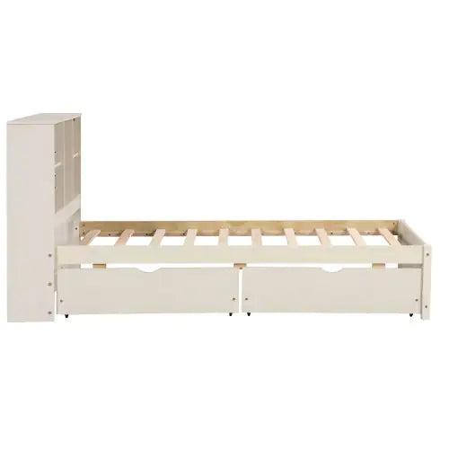 Modern Twin Size Bed Frame With Built-in USB Port On Bookcase Headboard And 2 Drawers For White Washed Color Rieworkes