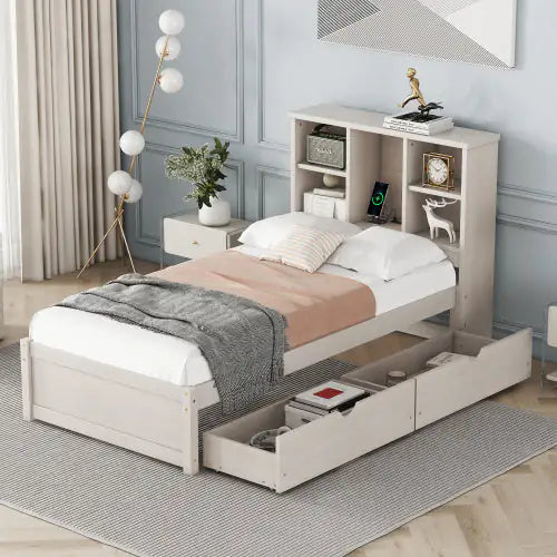 Modern Twin Size Bed Frame With Built-in USB Port On Bookcase Headboard And 2 Drawers For White Washed Color Rieworkes