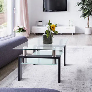 Rectangle Black Glass Coffee Table, Clear Coffee Table, Modern Side Center Tables For Living Room, Living Room Furniture Rieworkes