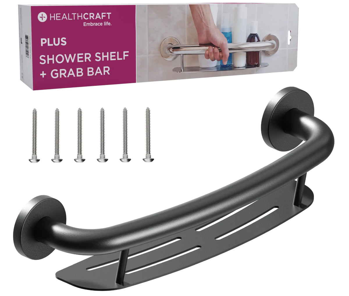 HEALTHCRAFT Plus 2-in-1 Shampoo Shelf and Grab Bar (19.5 Inch) | ADA Compliant Bathroom Safety Grab Bar for Seniors Wall-Mounted Supports Up to 500 lbs Matte Black Mimarta