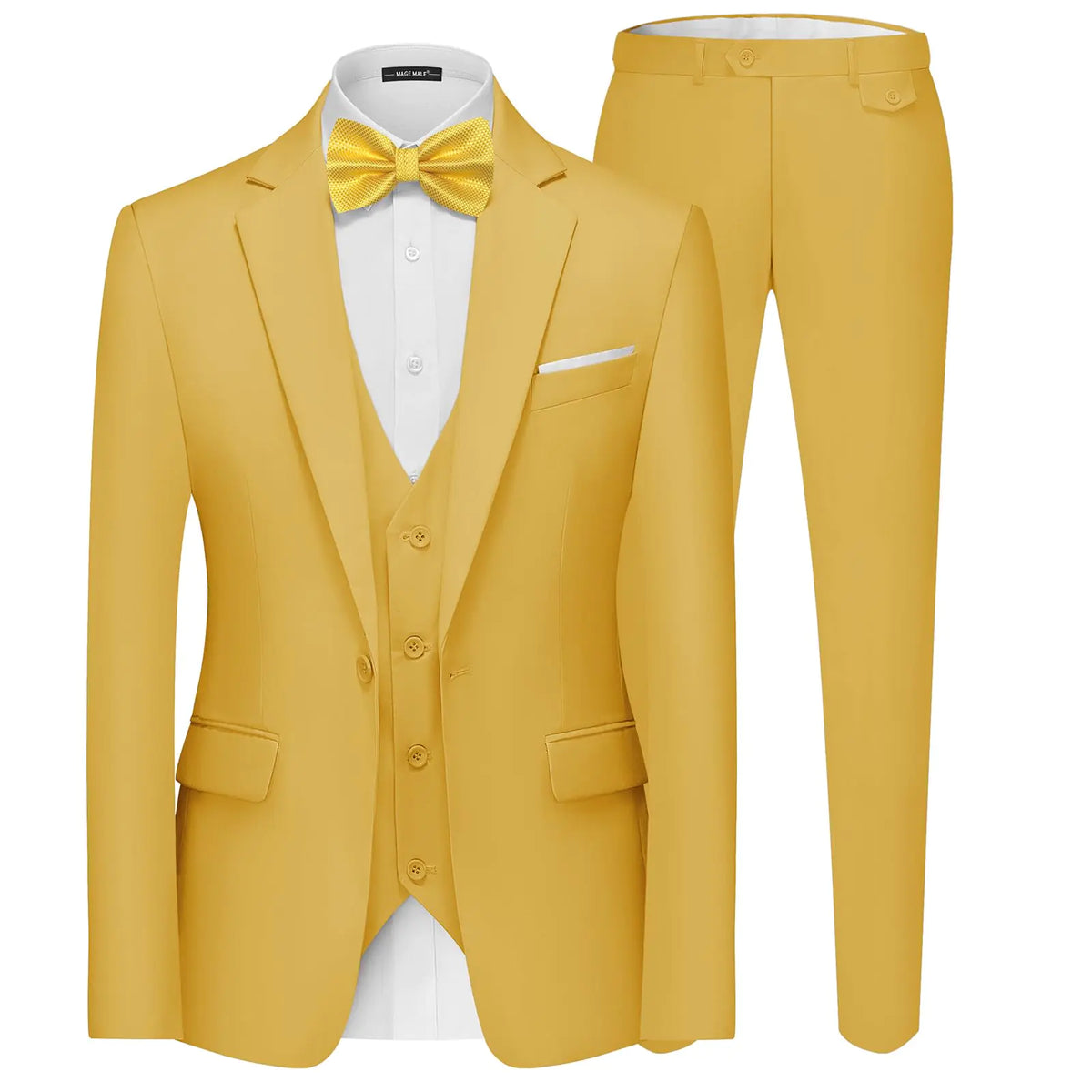 MAGE MALE Men's 3 Pieces Suit Elegant Solid One Button Slim Fit Single Breasted Party Blazer Vest Pants Set Medium Yellow Rieworkes