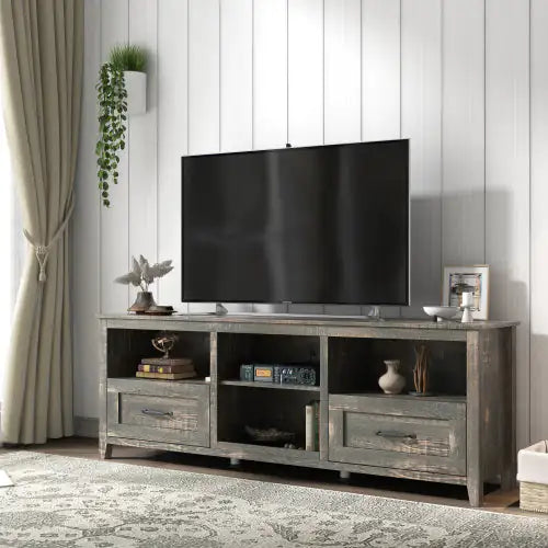 70 Inch Length TV Stand For Living Room And Bedroom, With 2 Drawers And 4 High-Capacity Storage Compartment, Black Pine Rieworkes