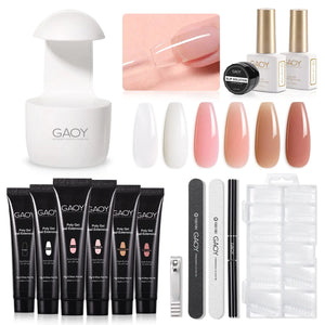 GAOY Poly Gel Nail Kit with U V Light Starter Kit, 6 Colors Nude Pink Black Builder Gel Nail Extension Kit for Beginners with Everything Nail Art DIY at Home Set C Rieworkes