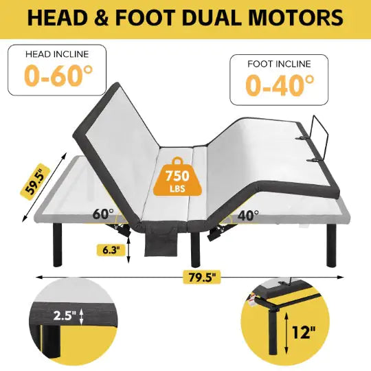 Ergonomic Queen Size Adjustable Bed, Zero Gravity Base For Stress Management Head And Foot Incline, Wireless Remote Control, Massage, Under Bed Nightlight, And USB Ports Rieworkes