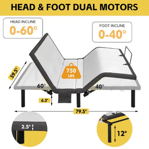 Ergonomic Queen Size Adjustable Bed, Zero Gravity Base For Stress Management Head And Foot Incline, Wireless Remote Control, Massage, Under Bed Nightlight, And USB Ports Rieworkes
