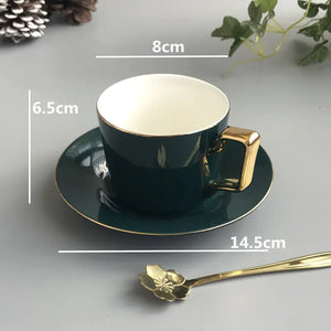Dark Green Ceramic Coffee Cup with Spoon and Saucer Mimarta