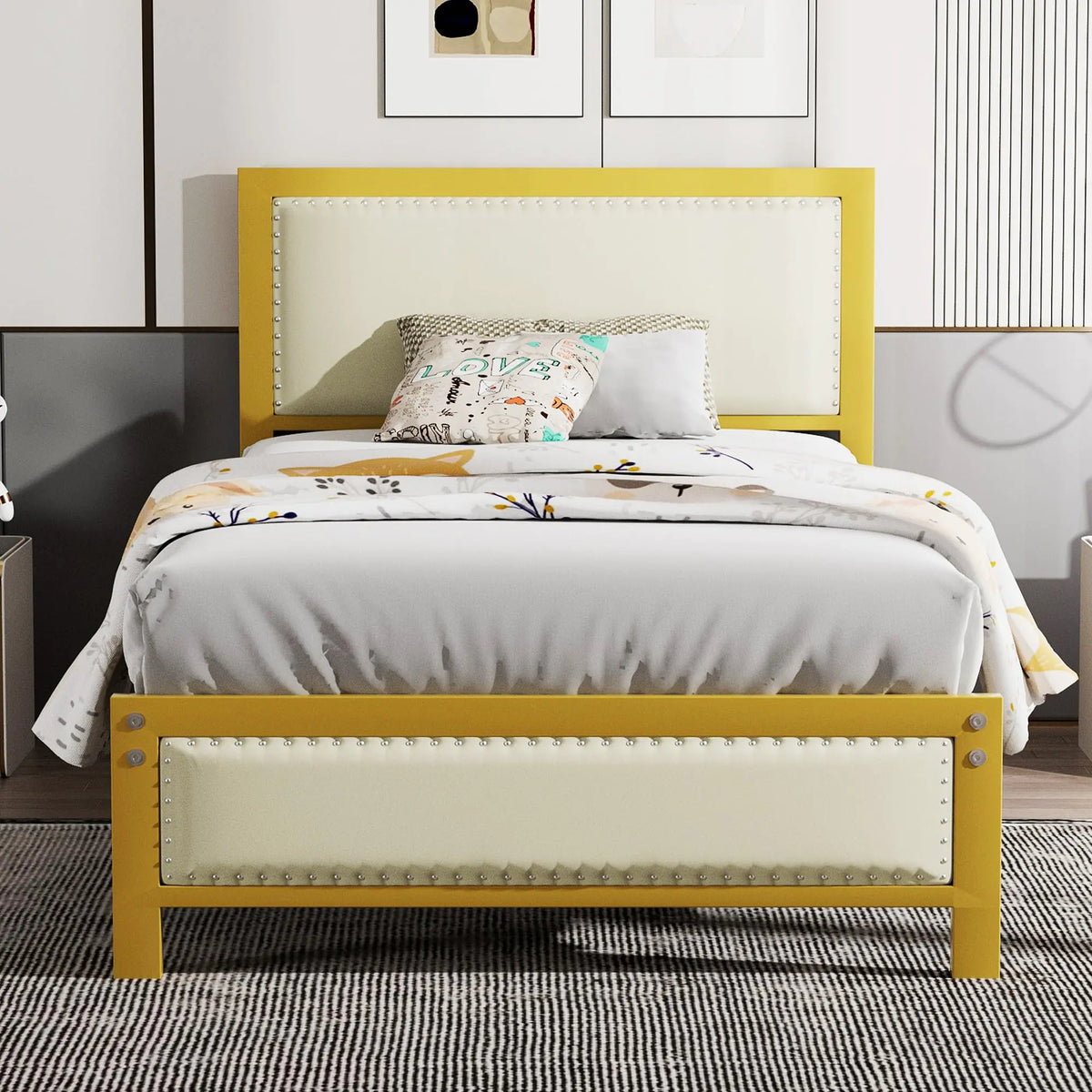 VECELO Twin Size Bed Frame with Headboard Heavy-Duty Upholstered Platform with Strong Metal Slats No Box Spring Needed Easy Assembly Golden Rieworkes