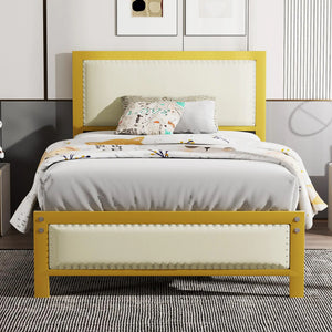 VECELO Twin Size Bed Frame with Headboard Heavy-Duty Upholstered Platform with Strong Metal Slats No Box Spring Needed Easy Assembly Golden Rieworkes