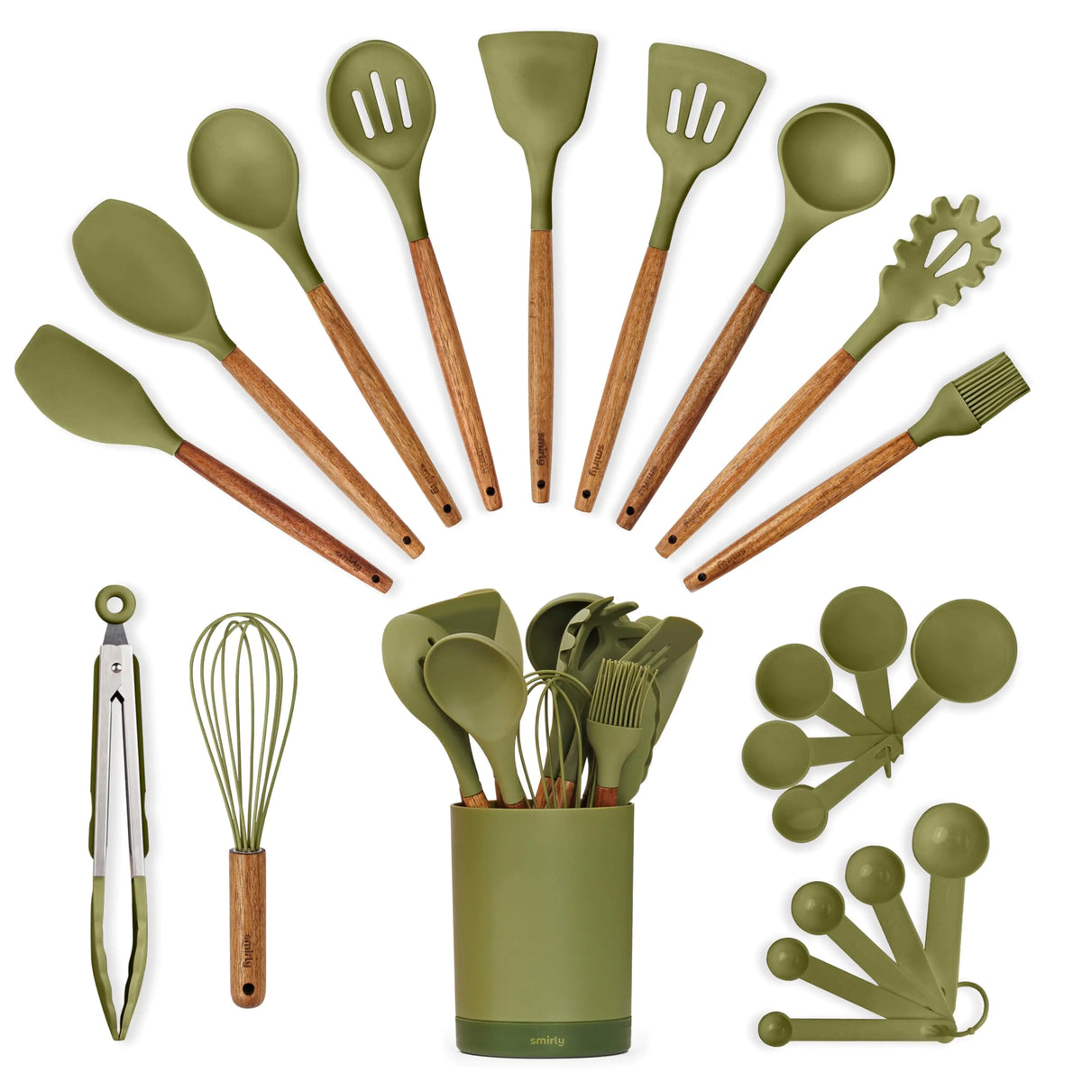 Silicone Kitchen Utensils Set & Holder: Cooking Utensils Set - Kitchen Essentials for New Home & 1st Apartment- Silicone Spatula Set Cooking Spoons for Nonstick Cookware (Acacia Wood Green) Rieworkes