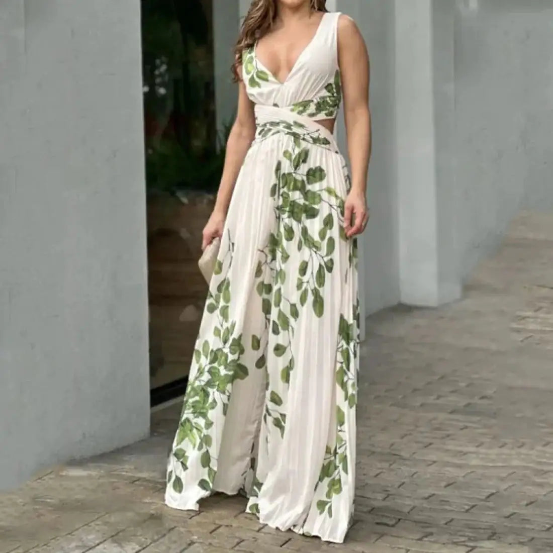Women Summer Leaf Print Midi Dress Rieworkes