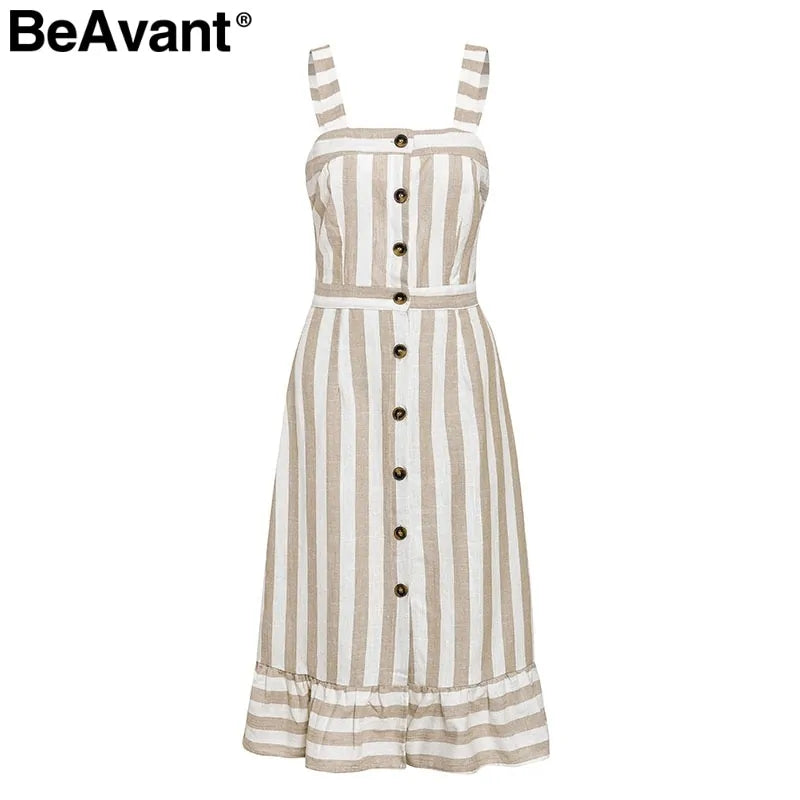 BeAvant Casual striped linen cotton dress women Button strap beach summer dress 2019 Sexy backless midi ladies dresses vestidos Rieworkes