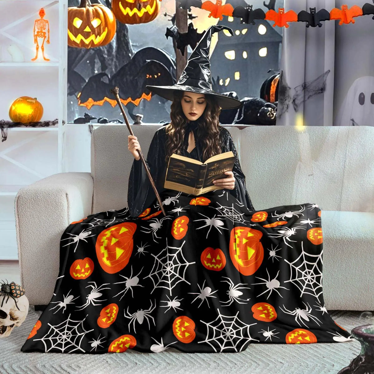 Wajade Spider Web Throw Blanket Halloween Black Blanket Halloween Spider Web Pumpkin Velvet Fleece for Sofa Bed Couch Chair Dorm 50" x 60" Mimarta