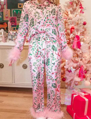Christmas Satin Printed Long Sleeve Pants Pajamas Suit Rieworkes