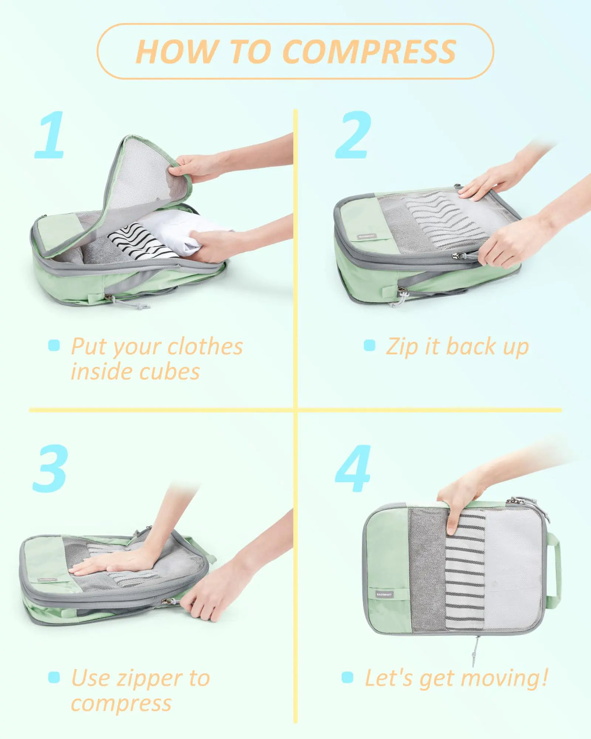 BAGSMART 6 Set/4 Set/2 Set Compression Packing Cubes for Travel, Lightweight Vacation Travel Essentials, Travel Accessories for Suitcase Organizer Bags Set, Durable Luggage Organizer Travel Bags Set of 6 Kohlrabi Green Rieworkes