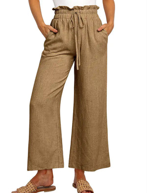 Elastic Waistband Lace-up Wide Leg Pants Solid Color Cropped Pants Rieworkes
