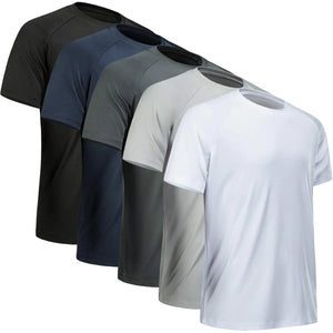 MCPORO Workout Shirts for Men Short Sleeve Quick Dry Athletic Gym Active T Shirt Moisture Wicking XX-Large 5 Pack Black, Dark Grey, Light Grey, White, Navy Rieworkes