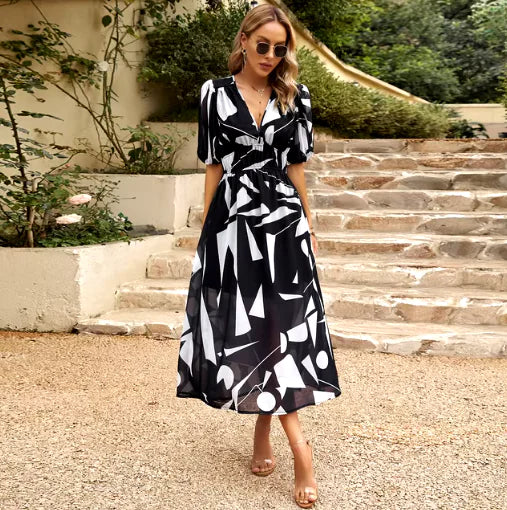 New V-neck Printed Short-sleeved Long Dress Summer Fashion Slim Seaside Vacation Beach Dresses For Women Clothing Rieworkes