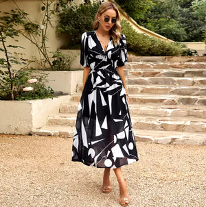 New V-neck Printed Short-sleeved Long Dress Summer Fashion Slim Seaside Vacation Beach Dresses For Women Clothing Rieworkes