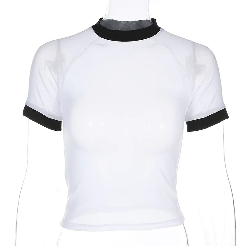 Trendy Women's Black and White Sheer Mesh T-Shirt Mimarta