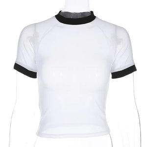 Trendy Women's Black and White Sheer Mesh T-Shirt Mimarta