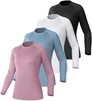 TELALEO 4 Pack Women's Compression Shirt Long Sleeve Performance Workout Baselayer Athletic Top Sports Gear Large Long Sleeve-black+grey+blue+purple Rieworkes