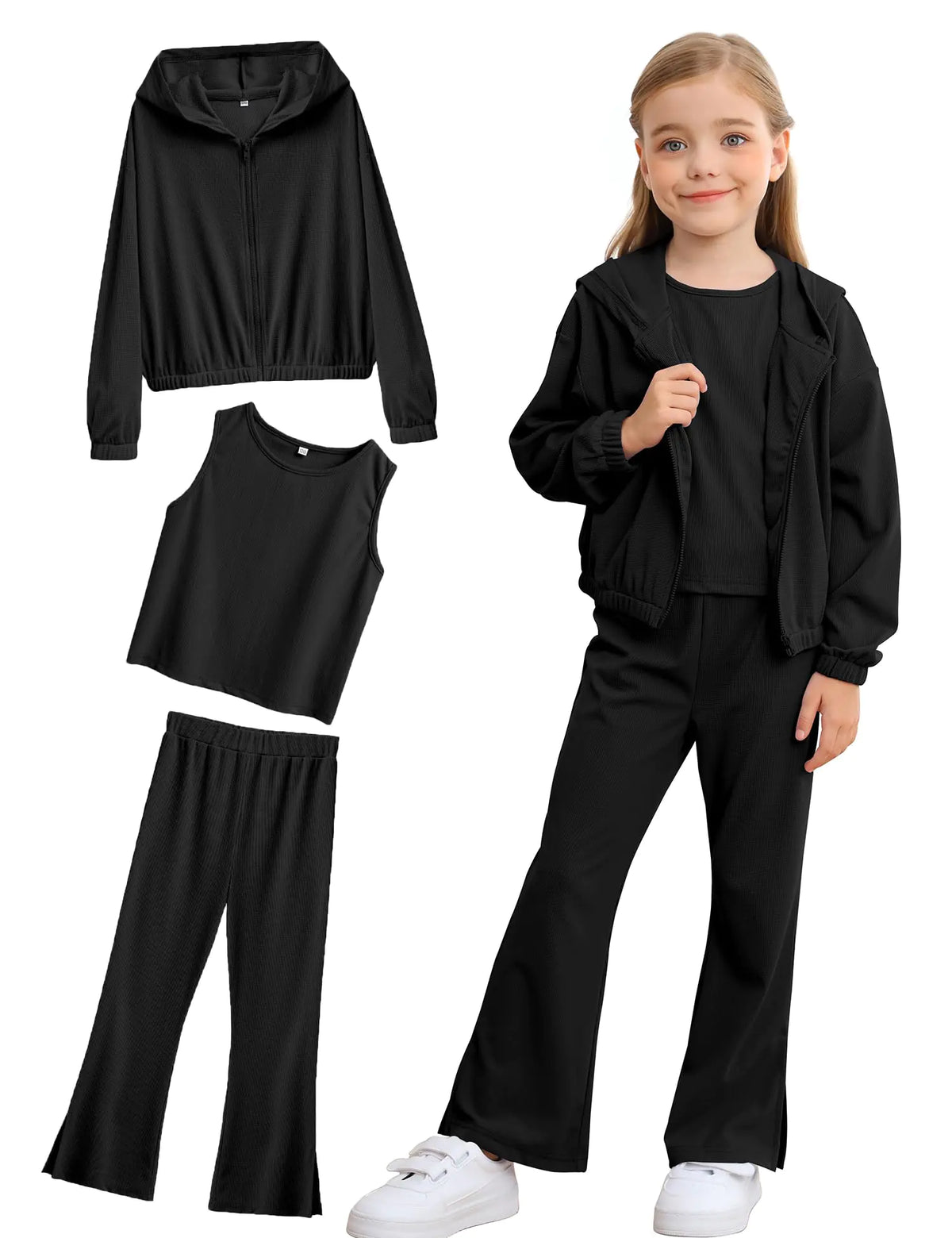 LecGee Girls Set Long Sleeve Zip Jacket Basic Tanks Flared Pants Set Casual Outfit Toddler Kid Clothing set(Black140) Rieworkes