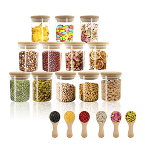 VIKEYHOME 18 pcs Glass jars Set 12 set - 6oz Spice Jars Set with Bamboo Lids 6 pcs Small Condiments Wooden Spoons Airtight Glass Food Cereal Storage Containers for Kitchen (Set of 18 6oz) Mimarta